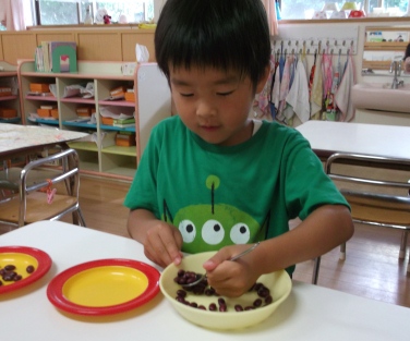 スプーンで豆を運ぶ写真