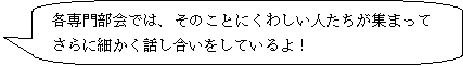 各専門部会では、そのことにくわしい人たちが集まってさらに細かく話し合いをしているよ！