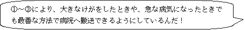 1～3により、大きなけがをしたときや、急な病気になったときでも最善な方法で病院へ搬送できるようにしているんだ！