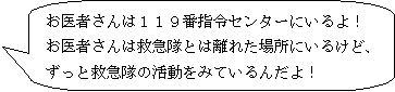 お医者さんは119番指令センターにいるよ！お医者さんは救急隊とは離れた場所にいるけど、ずっと救急隊の活動をみているんだよ！