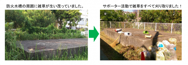 防火水槽の周囲に雑草が生い茂っていましたが、サポーター活動で雑草をすべて刈り取りました！